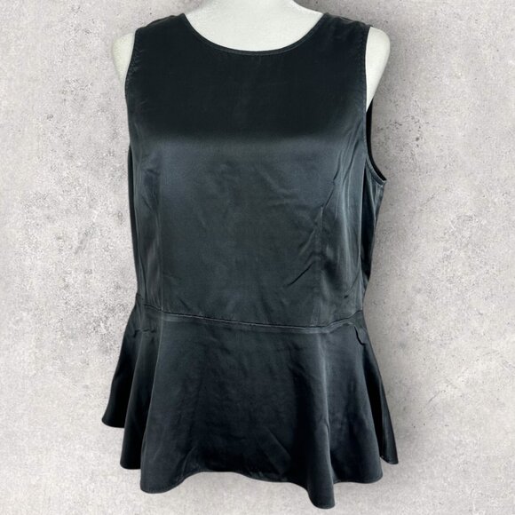 Eileen Fisher 100% Silk Peplum Blouse Womens Size Medium Top Dark Grey Black M - Picture 1 of 11
